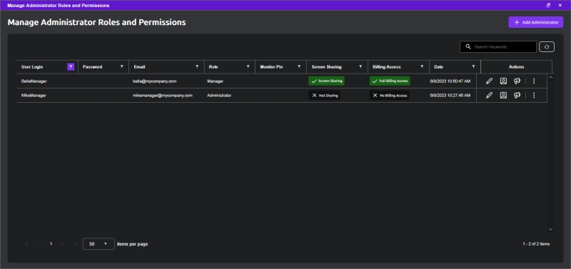 Admin Accounts Listing