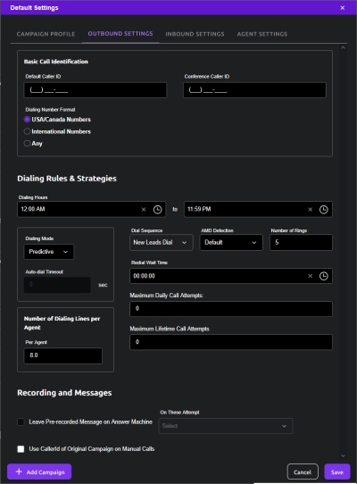 Default Outboud Settings